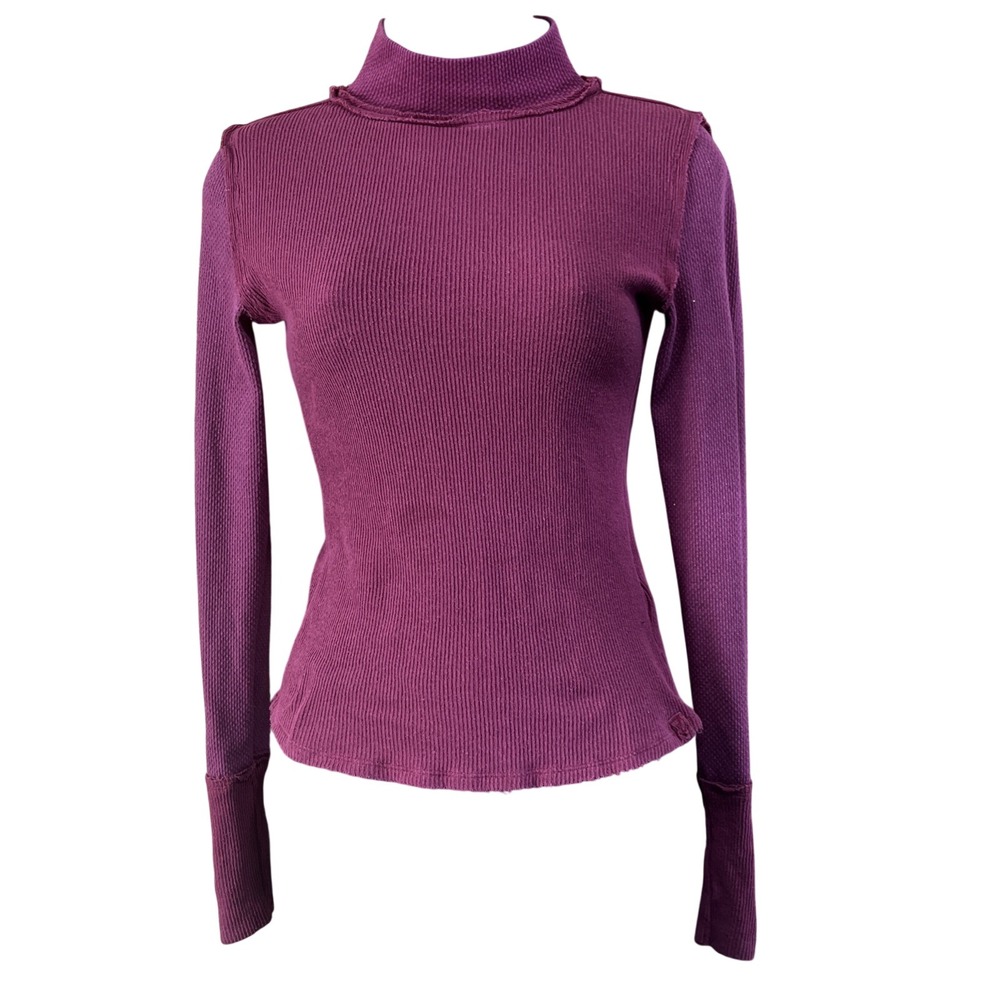 Free People We The Free Thermal Top Womens XS Berry Mock Neck Button Cuff Waffle